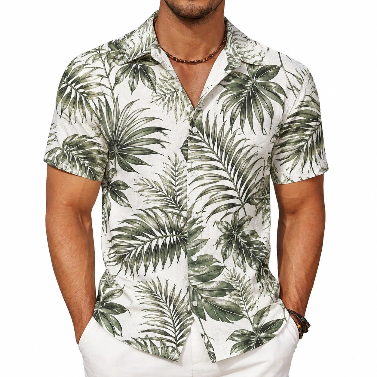 Camicia uomo L bianca e verde con stampa foglie tropicali a maniche corte