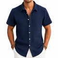 Camicia uomo L blu navy a maniche corte in tessuto effetto lino con bottoni stile casual