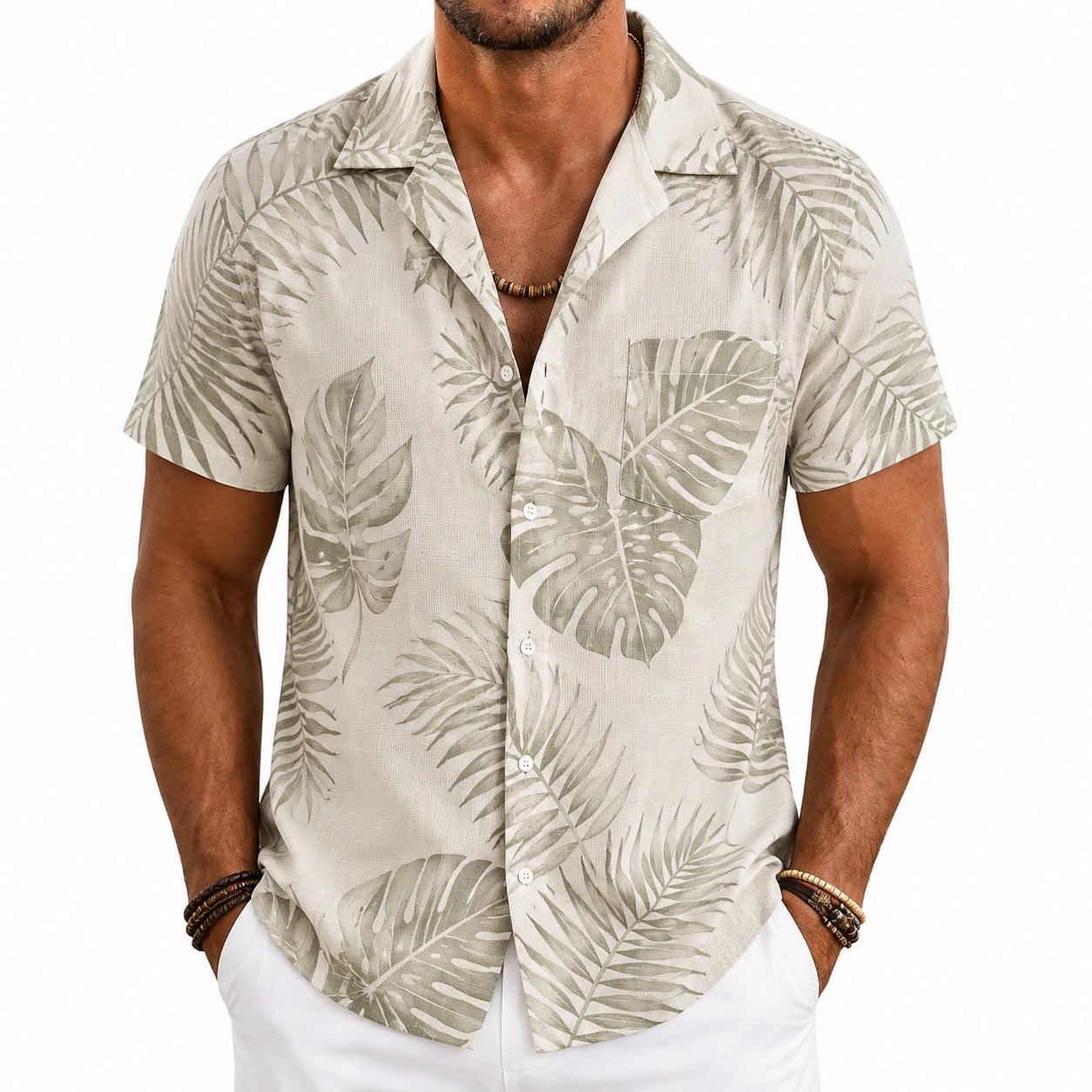 Camicia uomo M a maniche corte beige con stampa foglie - stile tropicale