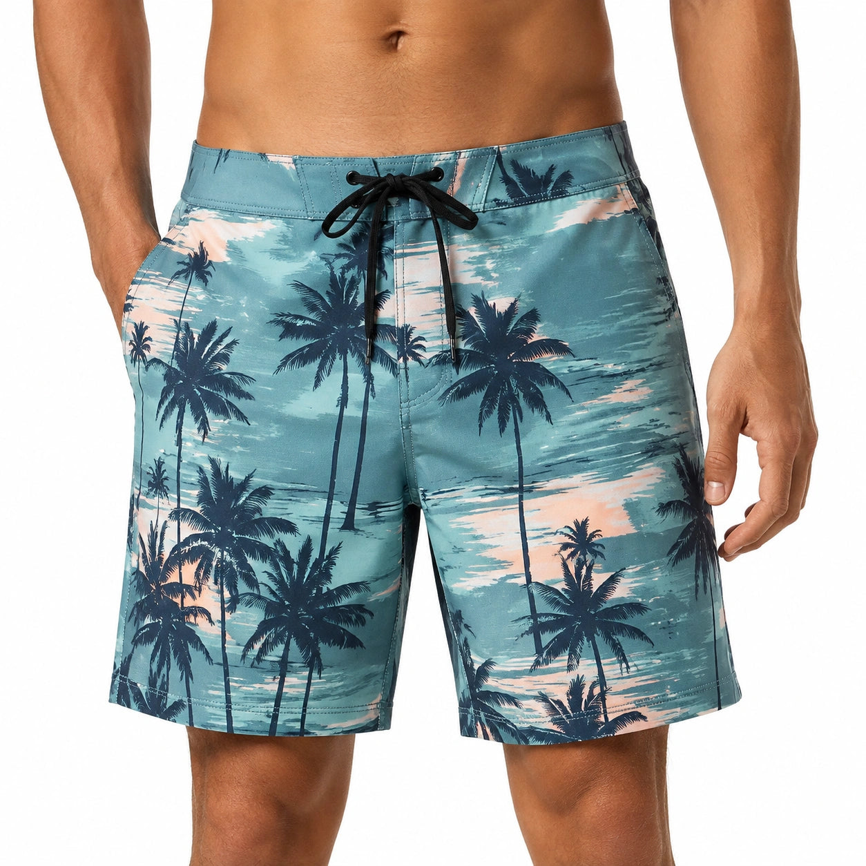 Costume da bagno uomo taglia M in tessuto sintetico turchese con stampa palme e coulisse