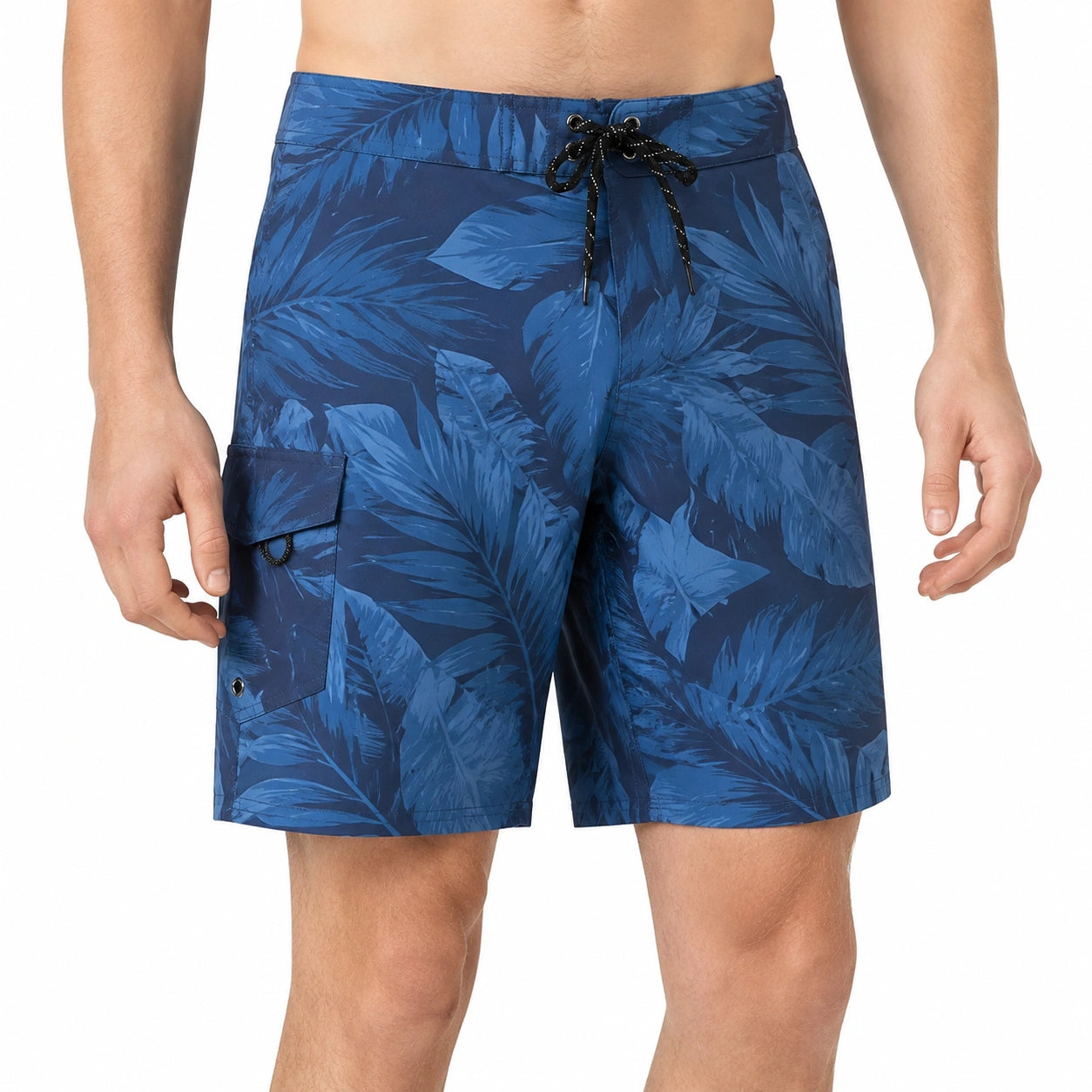 Costume da bagno uomo taglia M blu con motivo foglie e tasca laterale