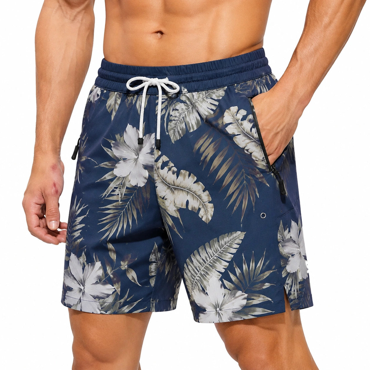 Costume da bagno uomo L in tessuto sintetico blu con stampa floreale e tasche con zip