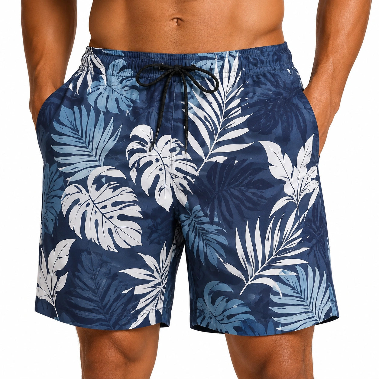 Costume da bagno uomo L blu con stampa foglie e coulisse