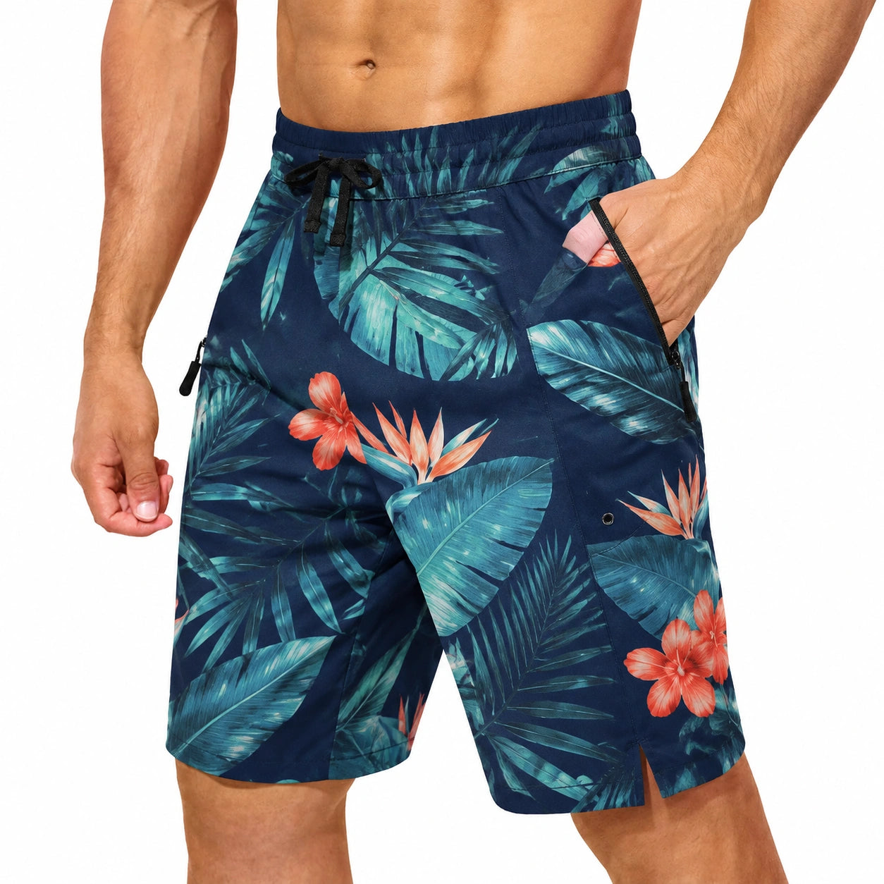 Costume da bagno uomo L in tessuto sintetico blu con stampa tropicale - tasche con zip e coulisse
