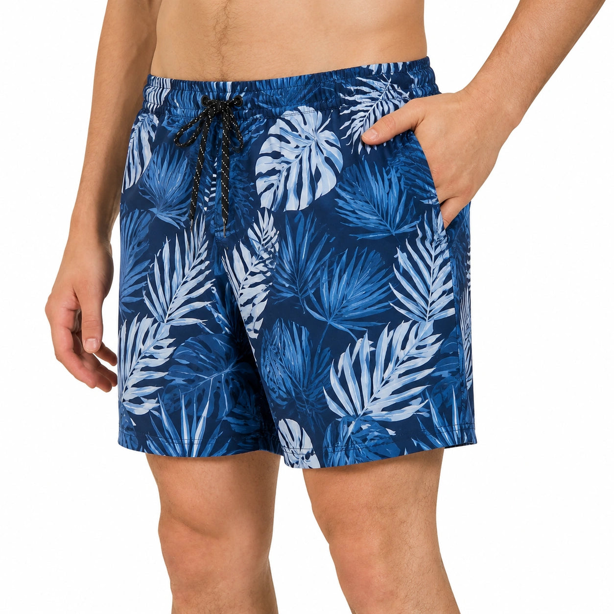 Costume da bagno uomo taglia M in tessuto blu con stampa tropicale e tasche