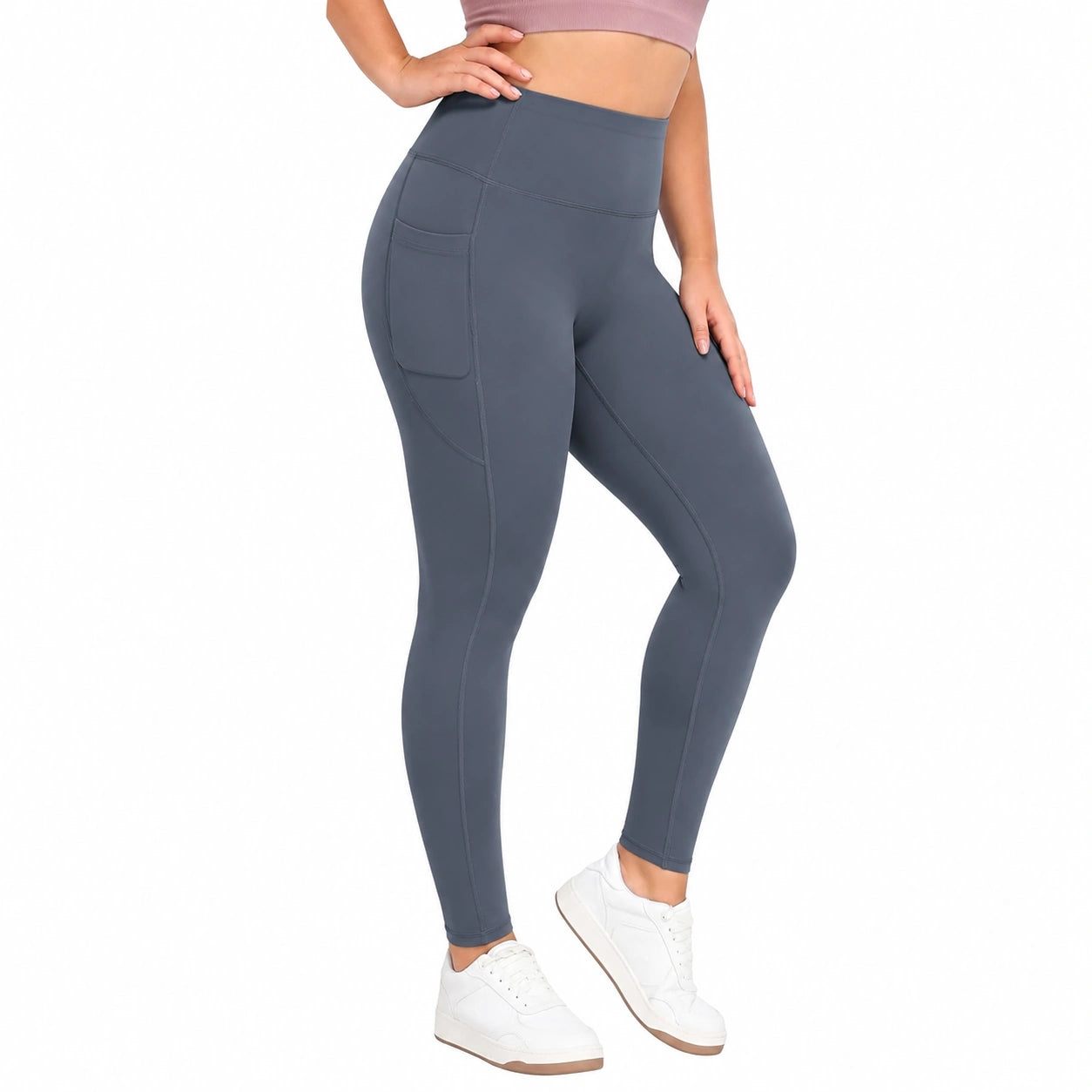 Leggings sportivi donna M in tessuto elasticizzato blu ardesia a vita alta con tasca laterale