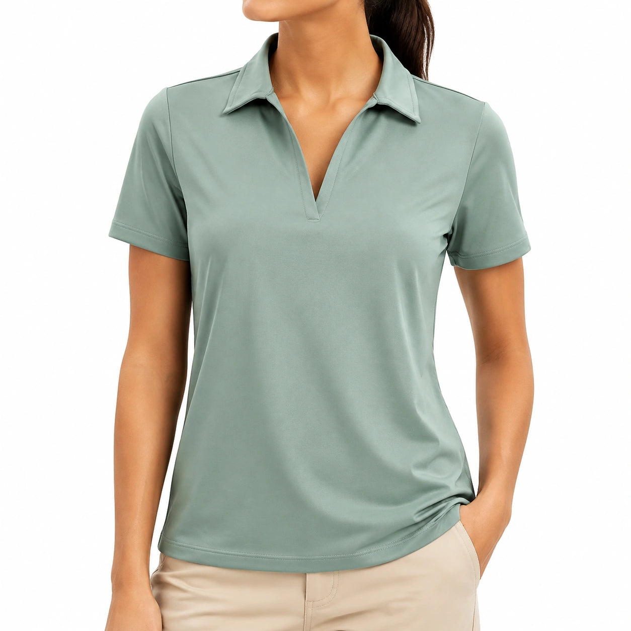 Polo da donna taglia M in tessuto sintetico verde salvia a maniche corte