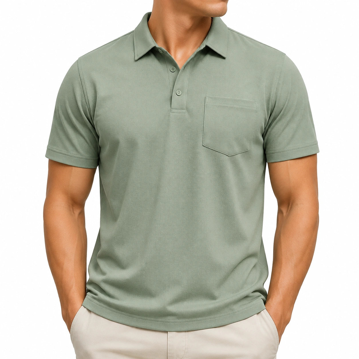 Polo uomo taglia L verde salvia in tessuto piqué con taschino stile casual