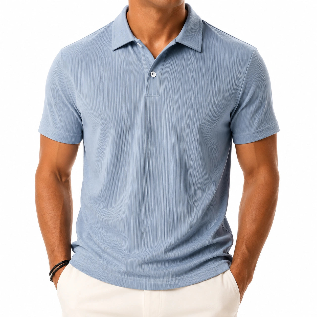 Polo da uomo taglia L in tessuto plissettato azzurro a manica corta casual