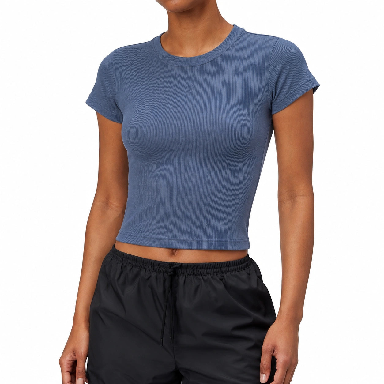 T-shirt donna taglia S in tessuto a coste blu a maniche corte aderente