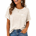 T-shirt da donna taglia S bianca e beige a righe con taschino stile casual